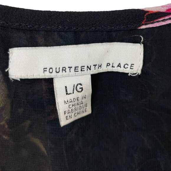 Fourteenth Place Black Floral Wrap Front Midi Dress Size L - Picture 6 of 7